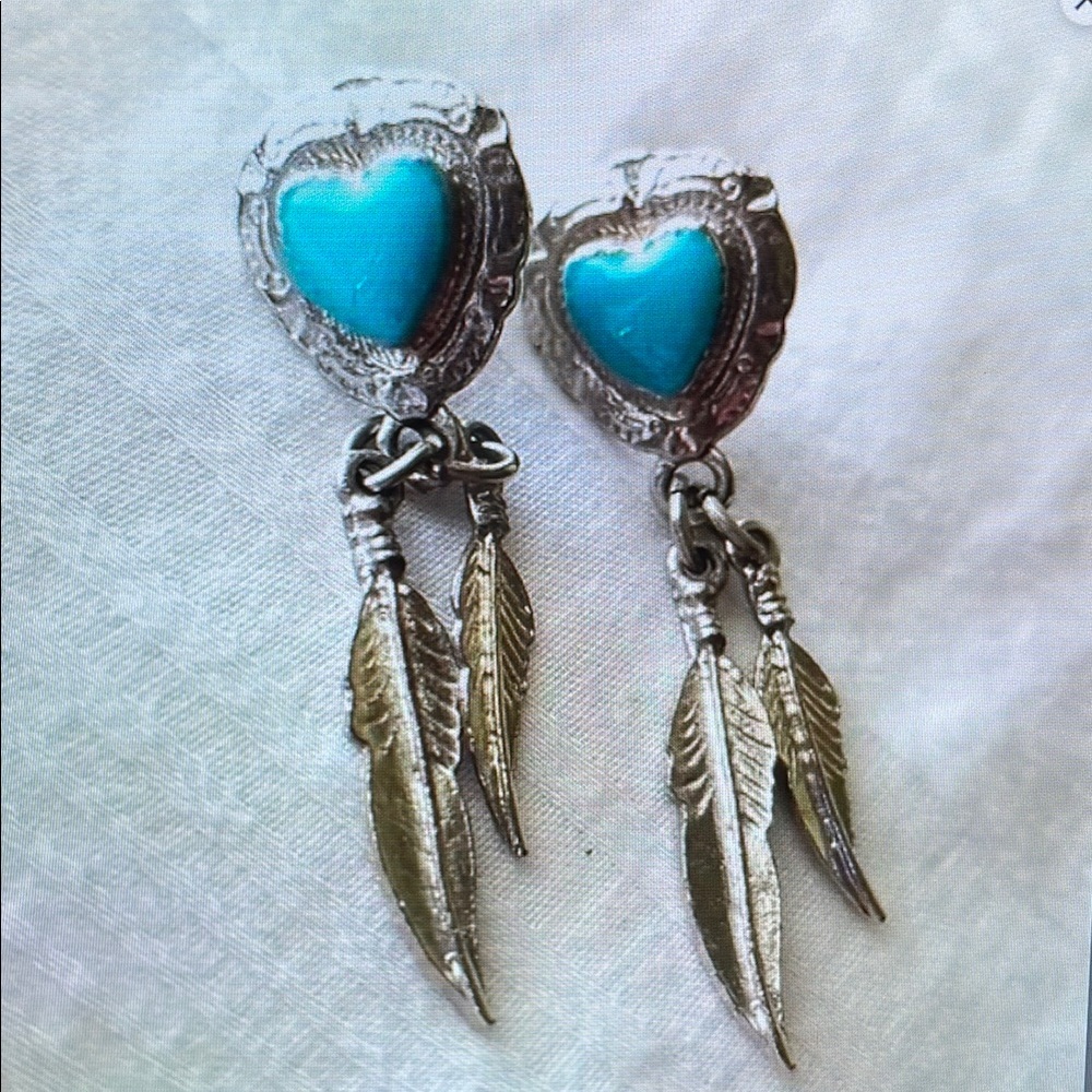 Silver and Turquoise Heart Feather Earrings
